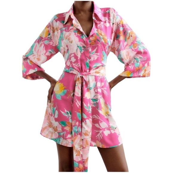Zara Vibrant Satin Floral Women's collared button down shirt dress Large - Picture 1 of 15